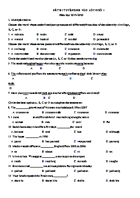 Đề thi tuyển sinh vào Lớp 10 THPT môn Tiếng Anh - Đề số 1 - Năm học 2019-2020